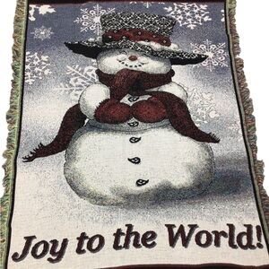 Festive Snowman Holiday Tapestry Blanket Throw Fringed Cottagecore Farmhouse
